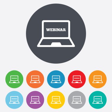 Webinar laptop işareti simgesi. Not defteri web çalışma.