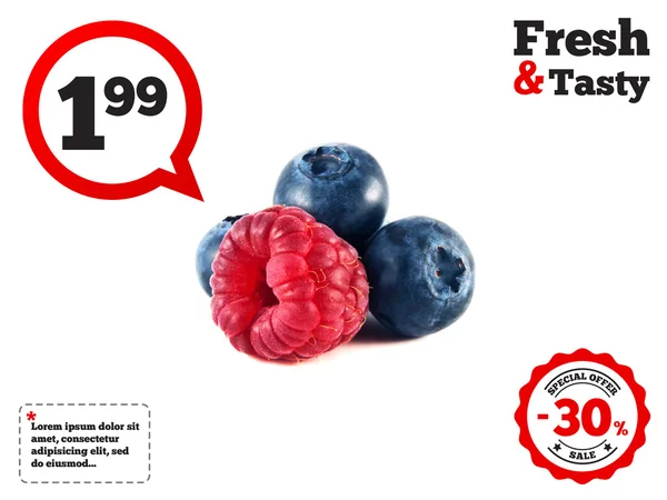Fresh blueberries, raspberry isolated on white — Stock Photo, Image