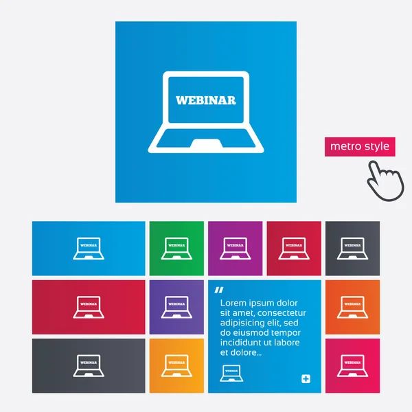 Icona del segno del computer portatile Webinar. Notebook Studio web . — Vettoriale Stock