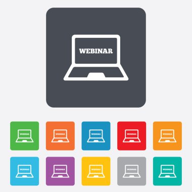 Webinar laptop işareti simgesi. Not defteri web çalışma.