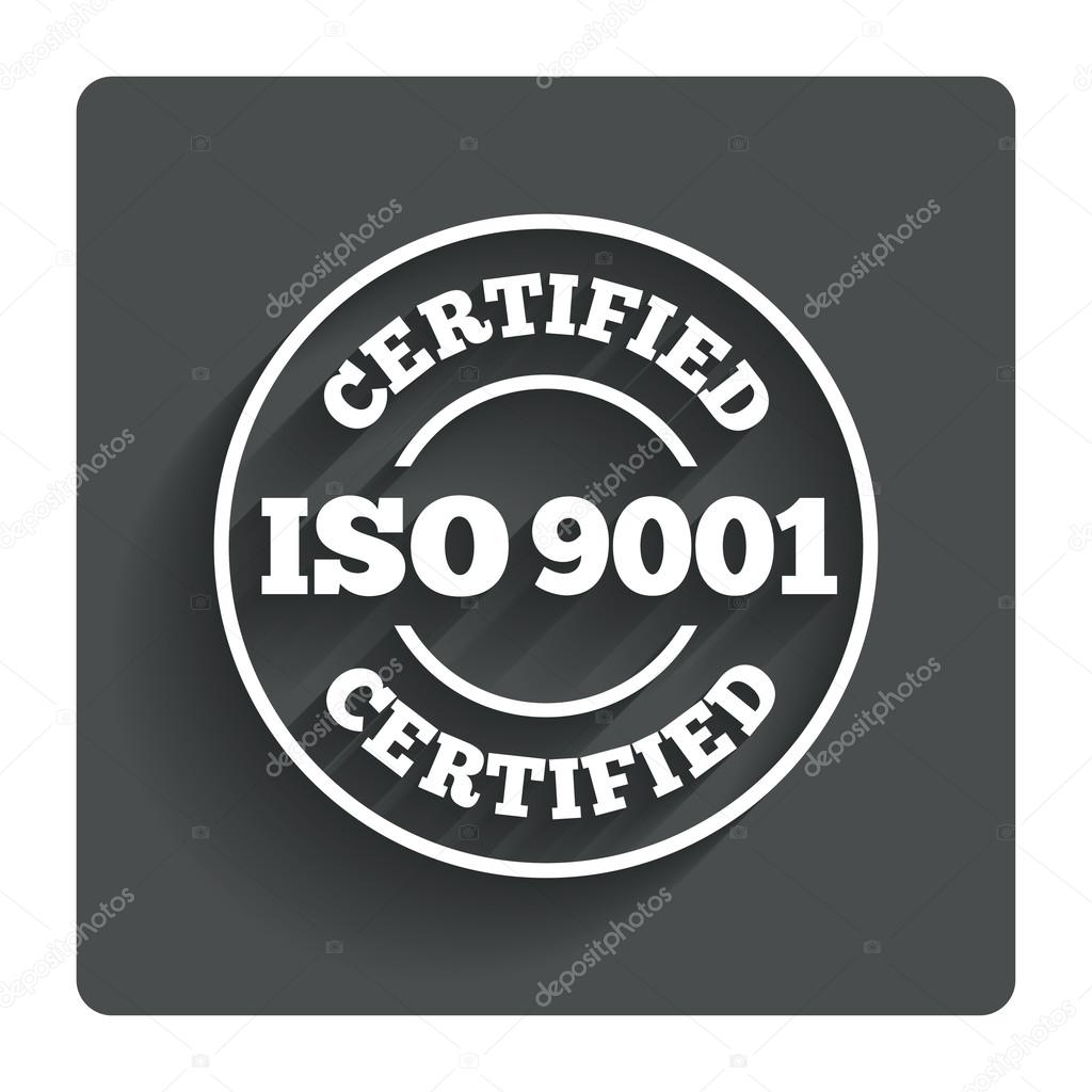 ISO 9001 certified sign icon. Certification stamp. Gray flat button with shadow. Modern UI website navigation. Vector
