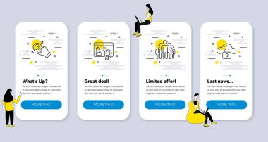 Seo sertifikası, dokunmatik ekran jesti, grup simgeleri gibi bir dizi teknoloji simgesi. İnsanlarla UI telefon uygulaması ekranları. Bulut koruma hattı sembolleri. İstatistikler, Drag Drop, Menajerler. Vektör
