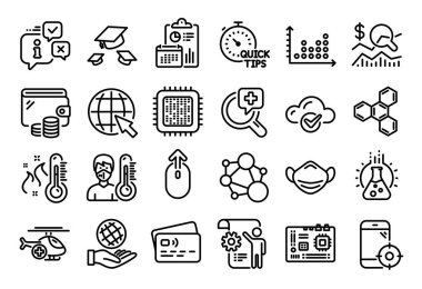 Vector set of Settings taslağı, Tıbbi analiz ve Kimya laboratuvar çizgisi simgeleri ayarlandı. Takvim raporu, para cüzdanı ve kredi kartı etiketi. Anakart, şapka ve internet simgeleri fırlat. Vektör