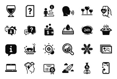 İnovasyon, Yönetici ve 24 saat hizmet simgeleriyle ilgili iş simgeleri. Evde çalışmak, kardiyo eğitimi ve bilinmeyen dosya tabelaları. Şarap kadehi, tüplü dalış ve soru işareti. İnsan şarkısı. Vektör