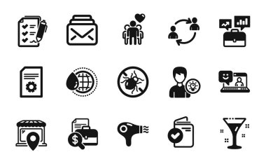 Doğrulama belgesinin vektör kümesi, Gülümse ve Pazarın konumu basit simgeler kümesi. Kişi fikri, Dünya Suyu ve Saç kurutma ikonları. Kullanıcı iletişimi, muhasebe raporu ve posta imzaları. Vektör