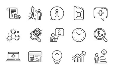 Bilim simgeleri ayarlandı. Kutu yağı, web raporu, reçeteli ilaç işaretleri gibi ikonlar da var. Talep eğrisi, tıbbi yardım, zaman sembolleri. Para denetimi, Coronavirus araştırması, sıyrıl. Vektör