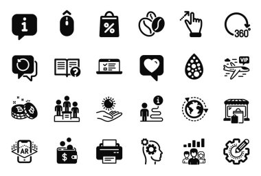Alışveriş çantası, takım çalışması sonuçları ve pazar simgeleriyle ilgili iş simgeleri. Kurtarma verileri, Vip uçuşları ve artırılmış gerçeklik işaretleri. Ayarlar, yazıcı ve kaydırma. Kalp. Vektör