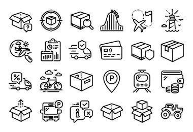 Arama uçuşunun vektör seti, Parcel ve Roller coaster line simgeleri ayarlandı. Takvim raporu, para cüzdanı ve kredi kartı etiketi. Ulaşım sigortası, ofis kutusu ve deniz feneri ikonları. Vektör