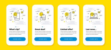 Çay poşeti vektörü seti, akıllı telefon mesajı ve satır simgeleri seti. Satır simgeli UI telefon uygulaması ekranları. Web aşk simgesi. Sıcak bir içecek, cep telefonu sohbeti, çıkış. Sosyal ağ. Vektör