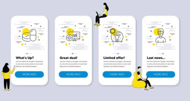 Tıbbi ilaçlar, Coronavirus koruması, tıbbi analitik çizgi sembolleri gibi sağlık ikonları. İnsanlarla UI telefon uygulaması ekranları. İlaç hapları, tecrit edilen insanlar, ilaç sistemi. Vektör