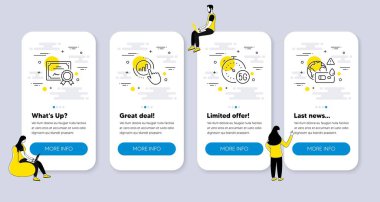 Sertifika, 5g internet ve grafik simgeleriyle ilgili Vektör Bilim Simgeleri Kümesi. İnsanlarla UI telefon uygulaması ekranları. Covid test çizgisi sembolleri. Sertifikalı dosya, hızlı iletim, rapor al. Vektör