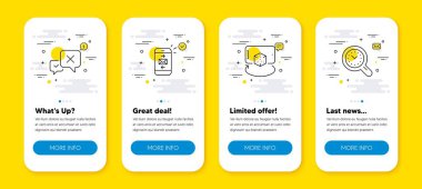 Artırılmış gerçekliğin vektör kümesi, E- posta ve Reddetme satırı simgeleri ayarlandı. Satır simgeli UI telefon uygulaması ekranları. Zaman yönetimi simgesi. Telefon simülasyonu, akıllı telefon iletişimi, mesajı sil. Vektör