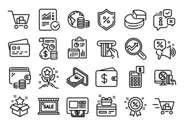 Alışveriş arabasının vektör seti, Analitik ve Kontrol edilen hesap çizgisi simgeleri ayarlandı. Takvim raporu, para cüzdanı ve kredi kartı etiketi. İndirim, indirimler ve internet alışveriş ikonları. Vektör