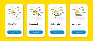 Bütçe vektör kümesi, Bitcoin ve grafik çizelgesi simgeleri ayarlandı. Satır simgeli UI telefon uygulaması ekranları. Nokta çizimi simgesi. Küresel ticaret, kripto para, rapor al. Sunum grafiği. Vektör
