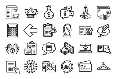 Sol ok vektör kümesi, Bilgi ve Hediye rüya çizgisi simgeleri ayarlandı. Takvim raporu, para cüzdanı ve kredi kartı etiketi. Megafon kontrol listesi, para çantası ve kitle fonlama ikonları. Vektör