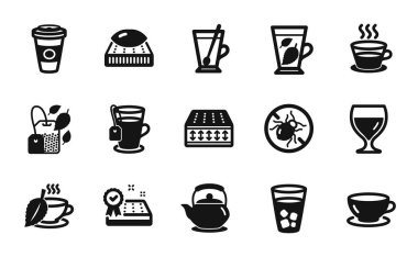 Kahve fincanı vektör seti, çay ve nane poşeti simgeleri basit. Tahtakuruları, nane yaprakları ve çaydanlık ikonları. Yatak garantisi, şarap kadehi ve yatak tabelaları. Çay fincanı, Espresso ve paket kahve. Vektör
