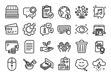 Gülümseme Sohbeti 'nin vektör seti, Belge ve Onaylanmış rapor satırı simgeleri ayarlandı. Takvim raporu, para cüzdanı ve kredi kartı etiketi. Fırtınalı hava ve çöp tenekesi ikonları. Vektör