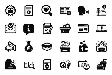 Dosya ayarları, Arama Kitabı ve Onaylanmış anlaşma simgeleriyle ilgili basit simgeler kümesi. Siparişi sil, Hamburger ve Arama aşk işaretleri. Onaylanmış posta, İnsan Şarkısı ve Sunum Zamanı. Vektör