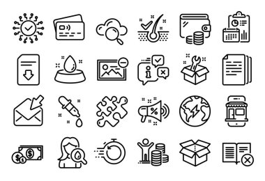 Açık kutunun vektör seti, Elektrik ve Hızlı Kurtarma Hattı simgeleri ayarlandı. Takvim raporu, para cüzdanı ve kredi kartı etiketi. Bulut hesaplama, Spanner ve Bütçe kâr simgeleri. Vektör