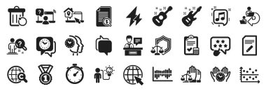 Delege işi, sergileyiciler, Uluslararası Telif Hakları simgeleri gibi bir dizi eğitim ikonu. Müzikal nota, arama çalışanı, adalet pulları. Saat, kıdemli yıldız, mali belgeler. Vektör