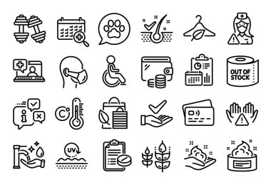 Ultraviyole koruma, biyolojik alışveriş ve tıbbi yardım hattı simgeleri ayarlandı. Takvim raporu, para cüzdanı ve kredi kartı etiketi. Glütensiz, temiz eller ve engelli simgeleri. Vektör