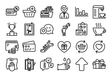 Kahve seti, satın alma ve Burger çizgisi simgeleri. Takvim raporu, para cüzdanı ve kredi kartı etiketi. Yürüyen merdiven, tatil hediyeleri ve romantik hediye ikonları. Vektör