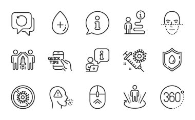 Bilim simgeleri ayarlandı. Petrol serumu olarak ikonu, koronavirüsü durdurma, Coronavirus aşısı işaretleri. Kaydırma, kurtarma verileri, ortaklık sembolleri. Eğitim, yüz tanıma, kan bağışı. Öksür. Vektör