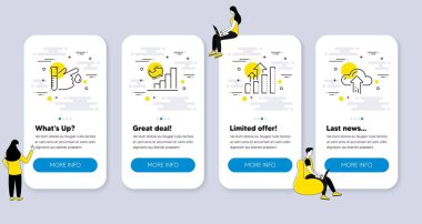 Büyüme grafiği, analiz grafiği, kan bağışı ikonları gibi bilim simgeleri. İnsanlarla UI telefon uygulaması ekranları. Bulut çizgi sembolleri yükle. Diyagram grafiği, hedef çizelgesi, tıp analizi. Vektör