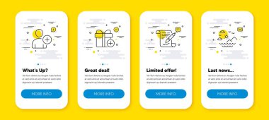 Hediye Ekle, Kullanıcı ve Anlaşma belgesi satırı simgeleri ekle. Satır simgeli UI telefon uygulaması ekranları. Deniz dağları ikonu. Mevcut kutu, profil ayarları, yasal sözleşme. Yaz gezisi. Vektör