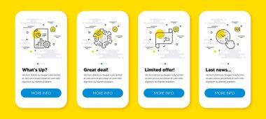 Hedef yolu vektör seti, Rapor ve Coronavirus çizgi simgeleri ayarlandı. Satır simgeli UI telefon uygulaması ekranları. Zaman yönetimi simgesi. İş hedefi, sunum belgesi, Covid-19 virüsü. Ofis saati. Vektör