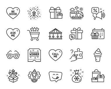 Lezzetli gülümseme vektör seti, kazanan bilet ve satır simgeleri ayarlandı. Satış hediyesi, havai fişek roketi ve alışveriş derecelendirme ikonları. Alışveriş, arama bulmacası ve sürpriz paket işaretleri. Vektör