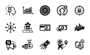 Bitcoin 'in vektör kümesi, hızlı ödeme ve fan motor simgeleri basit set. Bozuk para çantası, uçuş indirimi ve yüzde ikonlar. Hesaplayıcı hedefi, büyüme tablosu ve indirimler işaretleri sunuyor. Vektör