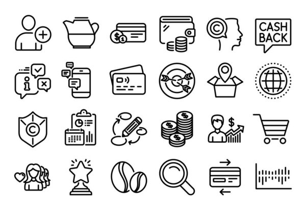 Vector set of Communication, Search and Business growth line icons set. Calendar report, Money wallet and Credit card tag. Globe, Copyright protection and Keywords icons. Vector
