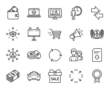 Tasarruf, Takım çalışması ve Yol simgeleri vektör seti ayarlandı. Satış teklifi, çevrimiçi video ve büyütme ikonları. Geri dönüşüm, web sitesi eğitimi ve bekleme tabelaları. Tasarruf web sembolü. Vektör