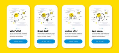 Video konferans, Yatırım grafiği ve Konuşma baloncuk çizgisi simgeleri ayarlandı. Satır simgeli UI telefon uygulaması ekranları. Yeşil elektrik ikonu. Web eğitimi, Yatırım bilgileri, Sohbet mesajı. Vektör