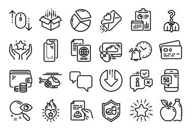 Aşk mektubu vektör seti, alarm saati ve 5G telefon hattı simgeleri ayarlandı. Takvim raporu, para cüzdanı ve kredi kartı etiketi. Arama, konuşma balonu ve ok simgeleri indirin. Vektör