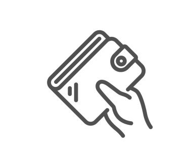 Cüzdan çizgisi simgesi. El ele tutuşmanın para kesesi işareti. Nakit bütçe sembolü. Kalite tasarım elemanı. Satır stili cüzdan simgesi. Düzenlenebilir felç. Vektör