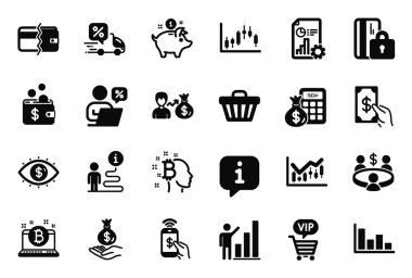 Finans hesap makinesi, Histogram ve grafik simgeleriyle ilgili Finans simgeleri vektör kümesi. Alışveriş arabası, Sallary ve Report işaretleri. Tasarruf, iş vizyonu ve para almak. Bitcoin. Vektör