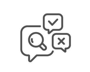 Satır simgesini incele. Kaliteli araştırma işareti. Konuşma baloncuklarını gözden geçir. Kalite tasarım elemanı. Satır biçimi denetleme simgesi. Düzenlenebilir felç. Vektör