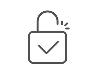 Kilit çizgisi simgesi. Asma kilit onaylı işaret. Güvenlik erişim sembolü. Kalite tasarım elemanı. Satır biçimi kilit simgesi. Düzenlenebilir felç. Vektör