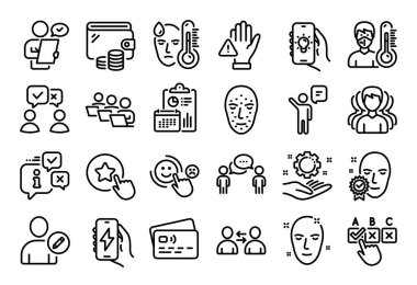 Yüz biyometriklerinin vektör kümesi, Grup ve İletişim hattı simgeleri ayarlandı. Takvim raporu, para cüzdanı ve kredi kartı etiketi. Ateş, uygulama yükleme ve elektrik uygulama simgeleri. Vektör