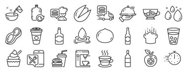 Buzlu çay, yemek pişirme şapkası, kahve fincanı ikonu gibi ikonlar. Bira şişesi, fıstık, su işaretleri. Su sıçratma, kahve makinesi, yiyecek uygulaması. Fıstıklı fıstık, tıbbi yemek. Vektör