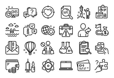 Arama bulmacası, arama analizi ve kimya laboratuarı çizgisi simgeleri oluşturuldu. Takvim raporu, para cüzdanı ve kredi kartı etiketi. Seo giysileri, Kalp hedefleri ve Atom simgeleri. Vektör