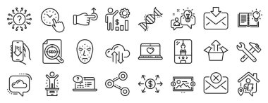 Ürün bilgisi, turna pençesi makinesi, ev simgeleri gibi bir dizi teknoloji ikonu. Gelen posta, resim atlıkarınca, zaman yönetimi işaretleri. Dolar değişimi, kimya DNA 'sı, anahtar aleti. Vektör