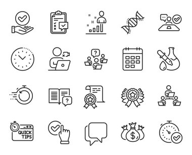 Çek yatırımı, kimya DNA 'sı ve takım çalışması soru çizgisi simgeleri oluşturuldu. İşaretleme Kutusu, Onaylanmış onay kutusu ve Sertifika simgeleri. Kontrol listesi, zaman yönetimi ve hızlı bahşiş tabelaları. Vektör