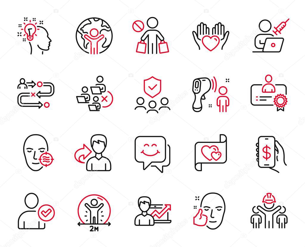 Vector Set of People icons related to Smile face, Idea and Vaccination appointment icons. Remove team, Love letter and Stop shopping signs. Global business, Electronic thermometer and Share. Vector