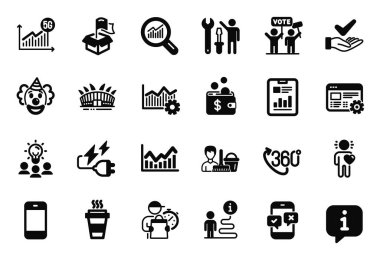 Telefon anketi, dermatolojik testler ve belge simgeleriyle ilgili bir dizi iş simgesi. Web ayarları, teslimatçı ve seçim kampanyası tabelaları. İş fikri, 360 derece. Vektör