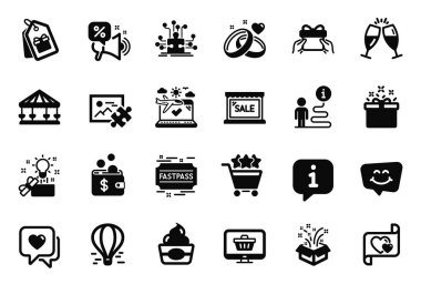 Uçak seyahati, Hızlı Geçiş ve Bulmaca resim simgeleriyle ilgili bir dizi tatil simgesi. Web mağazası, evlilik yüzükleri ve gülümseme sohbet tabelaları. Özel fiyat, Satış ve Dondurma. Alışveriş derecesi. Vektör
