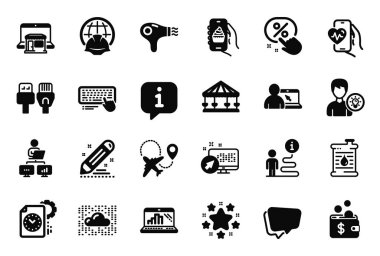 Petrol varili, pazar yeri ve saç kurutma ikonları ile ilgili Vektör Teknoloji Simgeleri. Kardiyo eğitimi, grafik dizüstü bilgisayar ve indirimli düğme işaretleri. Bilgisayar kabloları, küresel mühendislik ve yıldızlar. Vektör