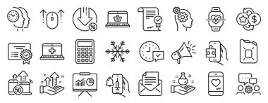 E- posta yazışmaları, online alışveriş, analiz grafik simgeleri gibi bir dizi Teknoloji simgesi. Onaylanmış anlaşma, sunum, zaman yönetim işaretleri. Kapsül yağı, kredi yüzdesi, megafon. Vektör